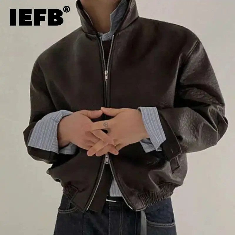 IEFB Short PU Leather Coat Men's Spring Summer Loose Turn-down Collar Coat Korean Style Trend Male Jacket Casual Top 9C5013