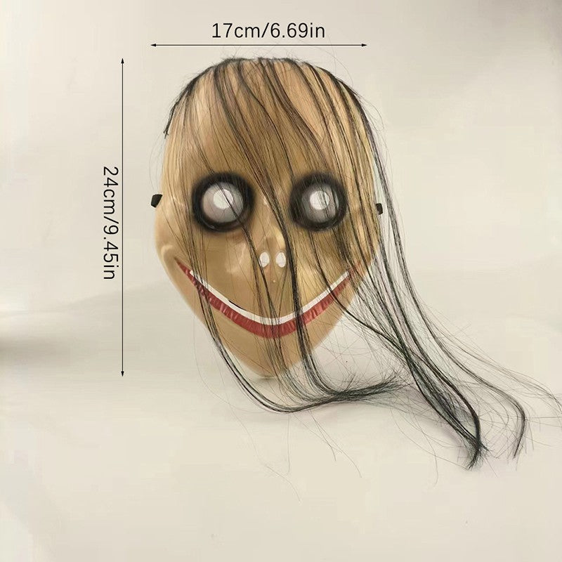 Halloween MO MO Mask With Long Hair Big Eyes Funny Mask Horror Ghost Party Costume Props V-shaped Mouth Mask Halloween Cosplay
