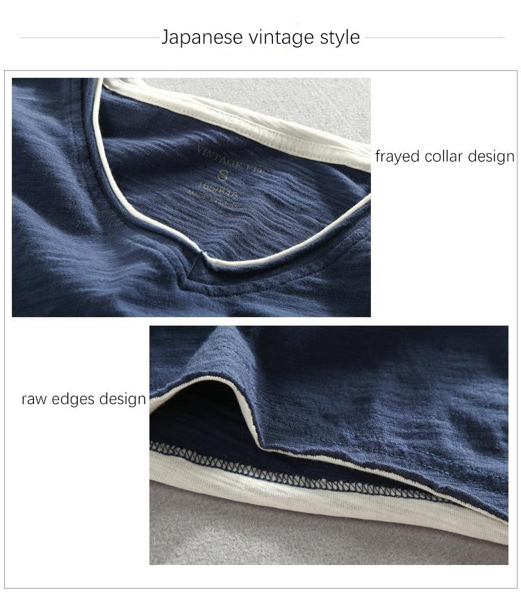 Mens Long Sleeve T-shirt Cotton V-neck Solid Casual Tops Tees for Men Japanese Vintage Frayed Collar and Raw Edges Tshirt