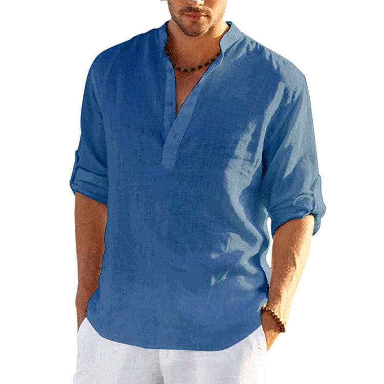 8 Colors!2023 New Linen Shirt Men Brief Breathable Comfy Solid Color Long Sleeve Loose Harajuku Casual Blouse Hawaiian Shirts