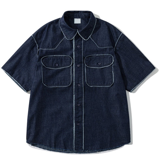 Vintage Raw Edge Denim Shirts Mens Streetwear Harajuku Short Sleeve Shirt Men Loose Casual Cargo Blouse Japan Style Tops Male