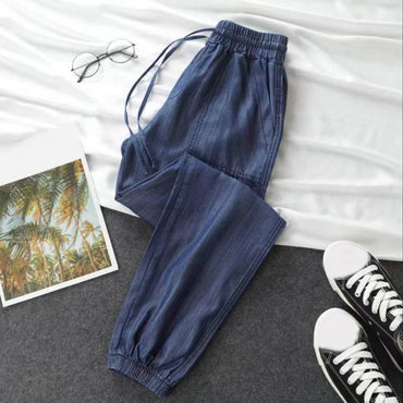 Summer Thin Ice Silk Jeans Women Elastic High Waist Drawstring Harem Pants Loose All-matched Beam Leg Nine Points Denim Pants