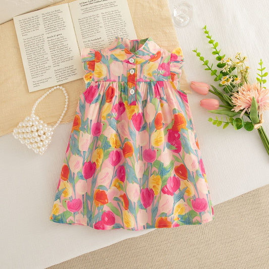 Baby Girl Dress, Summer New Sweet Flower Ruffled Sleeve Children'S Sleeveless Clothes Suitable For 0-3 Years Old