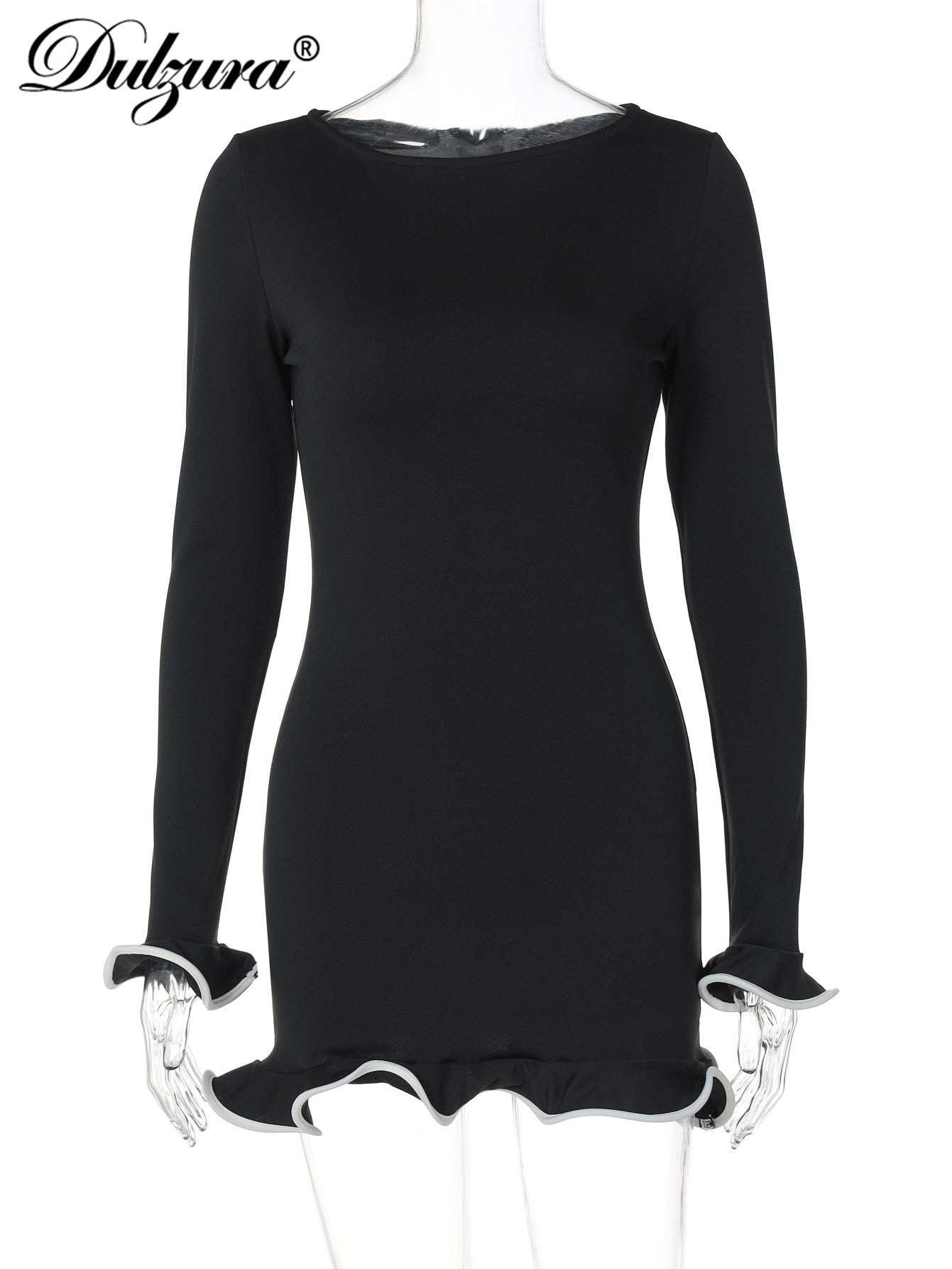 Dulzura O-Neck Long Sleeves Ruffles Patchwork Bodycon Mini Dress Sexy Elegant Ou