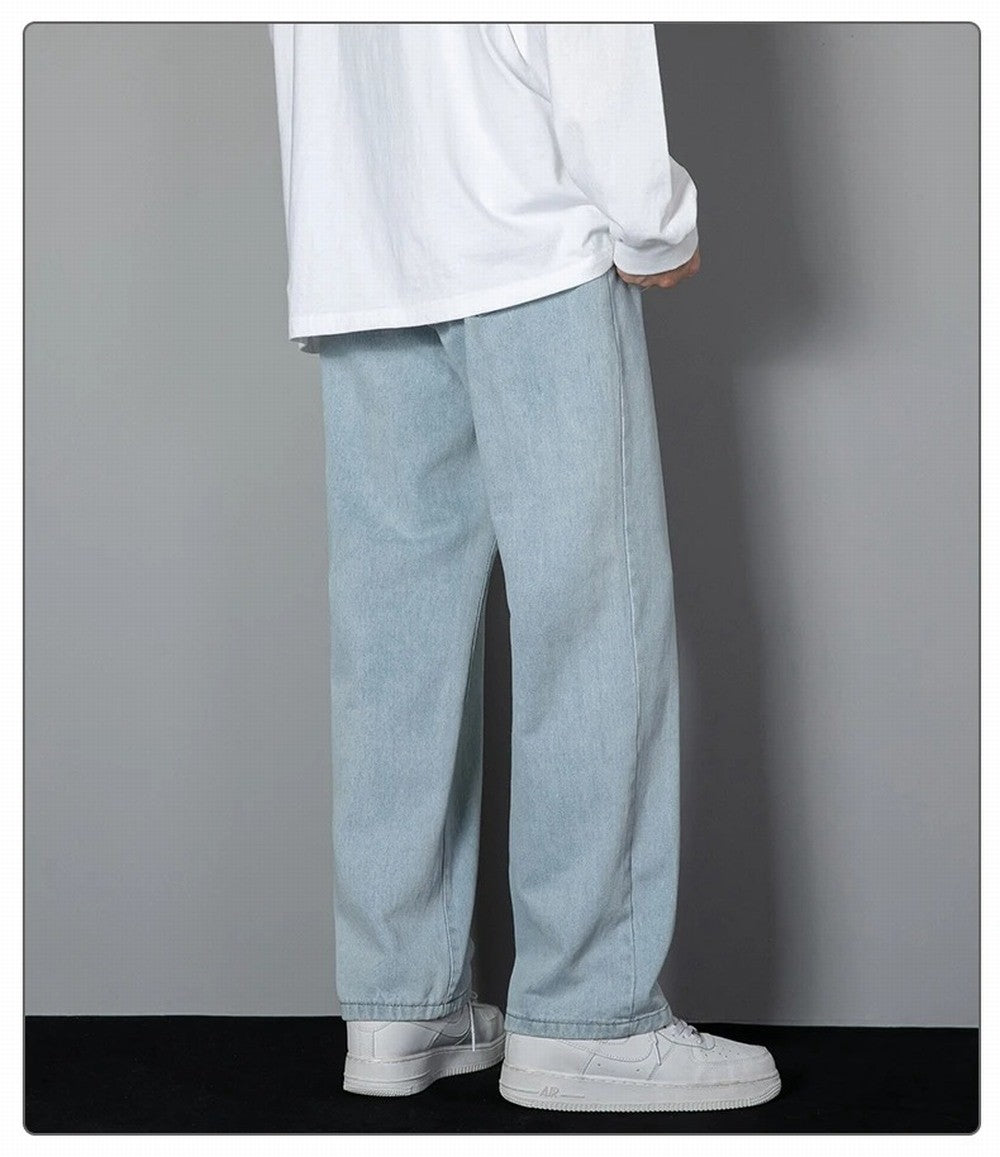 Korean Solid Colors Men's Casual Long Jeans Classic Man Four Seasons Straight Denim Wide-leg Pants Light Blue Grey Black 3XL