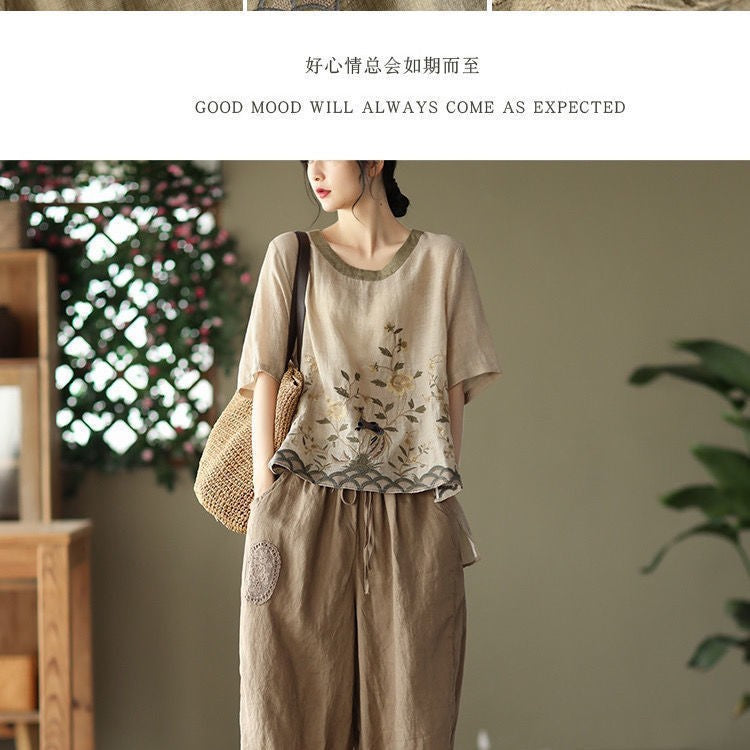 Cotton Linen Embroidered Floral Blouses Women's Chinese Classic Loose Shirt Top Casual Retro O Neck Short Sleeve Summer Shirts