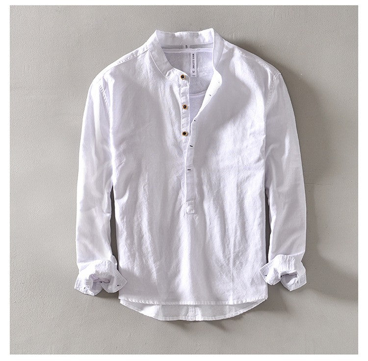 2024 Men's Linen Long-sleeved Shirt with Stand Collar, Youth Casual Loose Men's Cotton and Linen White Shirt.Beach Vacation Top