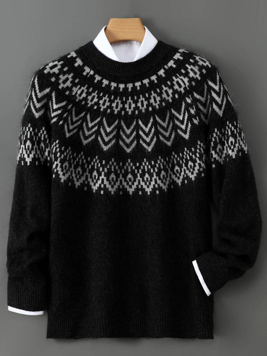 Men's 100% Merino Wool Pullover Sweater O-neck Fair Isle Jacquard Loose Casual Knitwear Long Sleeve Cashmere Tops Autumn Winter
