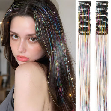 12Pcs/1pack 50cm Synthetic Sparking Shiny Hair Tinsel Hair Extensions Tinsel Hair Clip Extensions Women for Braiding Headdress