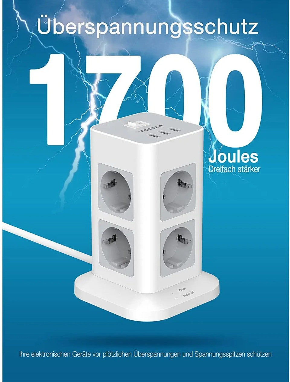 TESSAN Tower Power Strip Multi Outlets with USB A +1 Type C 2M Extension Cable EU Plug Vertical Electric Socket Surge Protection