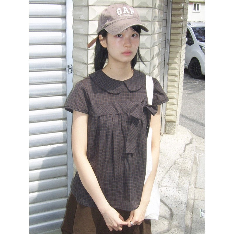 Vintage Plaid Shirts Women Japanese Harajuku Bow Peter Pan Collar Blouses Summer Korean Aesthetic Short Sleeve Casual Tops New