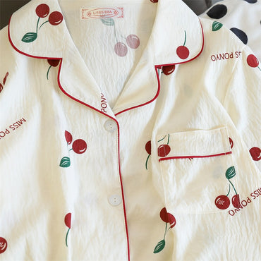 Cherries Print Two Pieces Pajamas Set Autumn Faux Cotton Pajamas Korean Fashion Home Clothes Ladies Pants and Top Set Pijamas