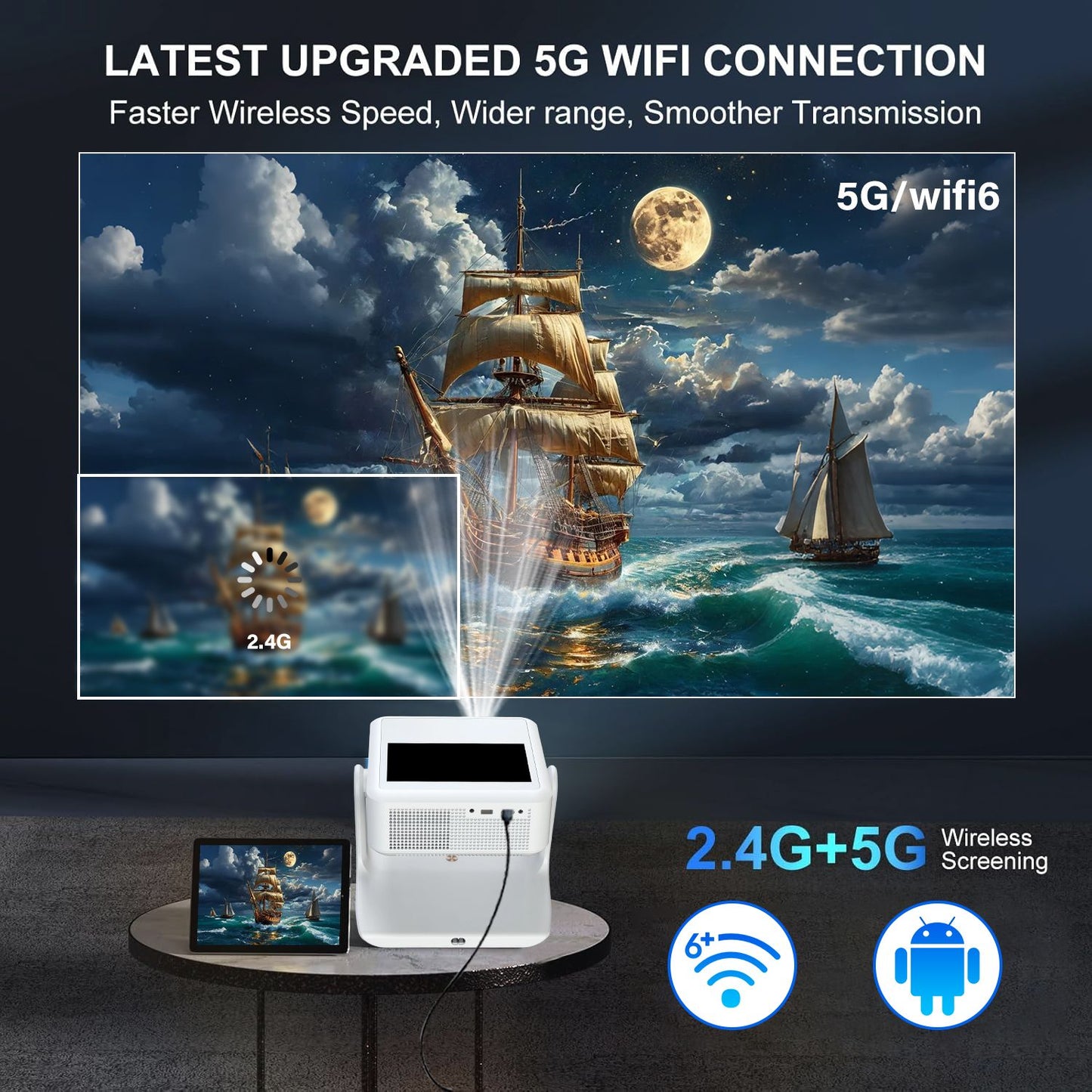 Aepuosem A2pro Android Projector - 4K/1080P, Dual Screen, Touch Control, Home Cinema, Gaming & Singing