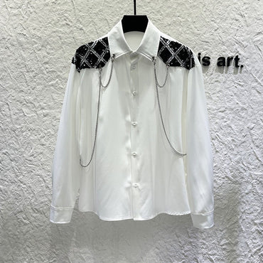 New high-end personalized metal chain design for men's long sleeved patchwork loose sequined shirt