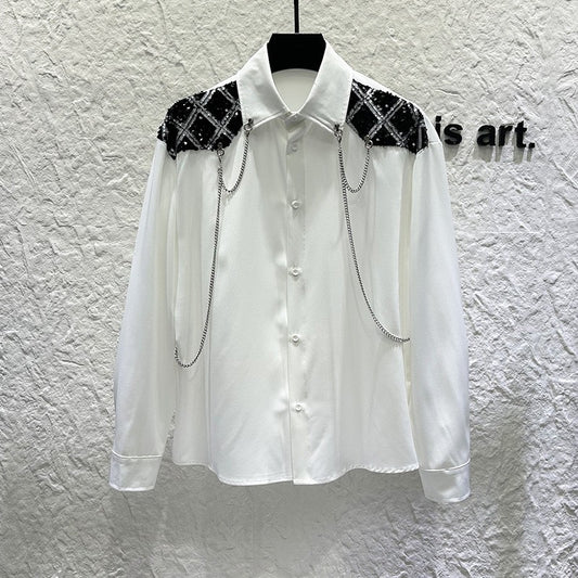 New high-end personalized metal chain design for men's long sleeved patchwork loose sequined shirt