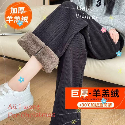 Warm Lambswool Straight Pants Women Corduroy Thickened Loose Wide Leg Pants Fashion Casual Elastic High Waist Fleece Trousers