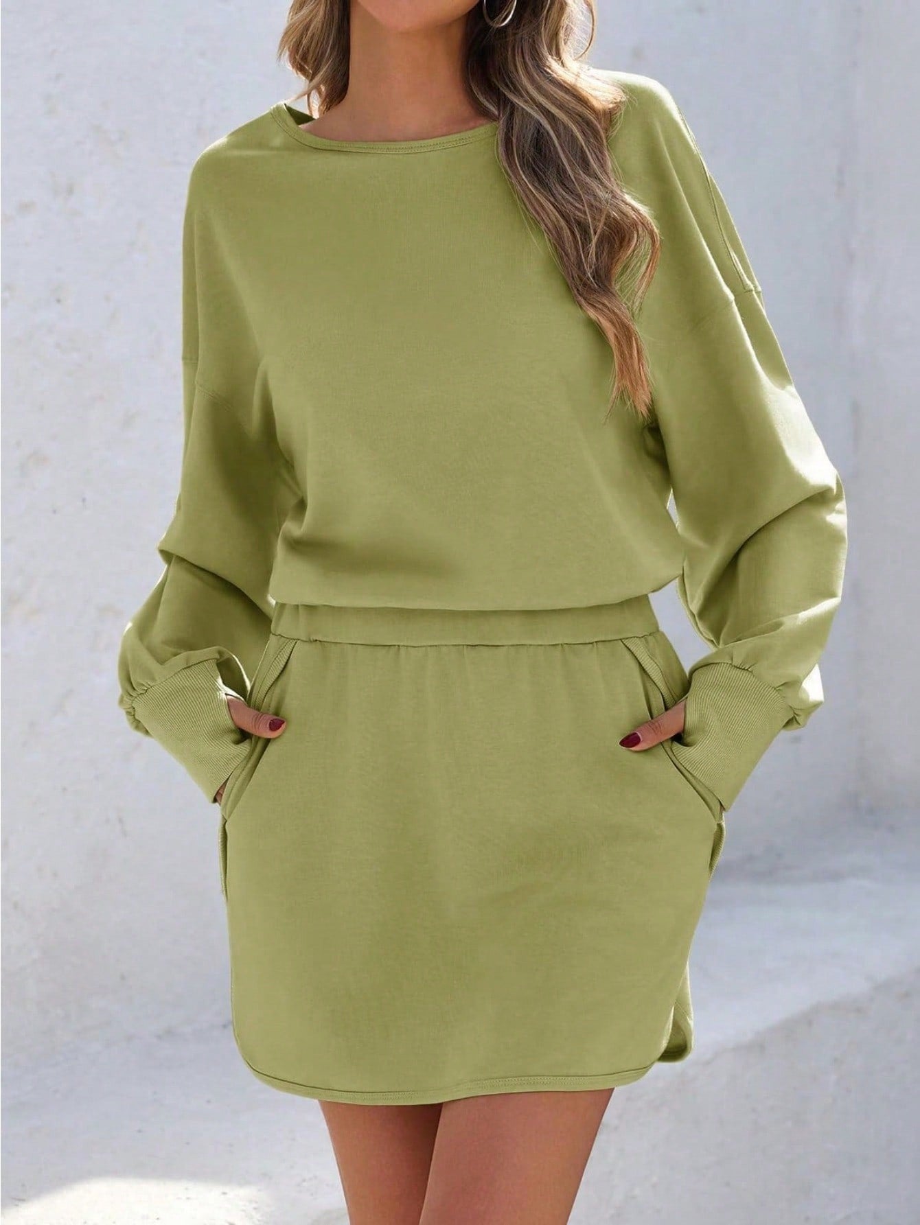 Sexy Women Long Sleeve Active Dress Mid-Calf Elastic Waist Pleated Backless Keyhole Workout Dress With Built In Shorts