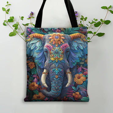 Fashion Elements 1pc Flowers with Elephant Pattern Tote Bag, Perfect for Shopping Bag Animal Pattern Print Bag Storage Tote Bag