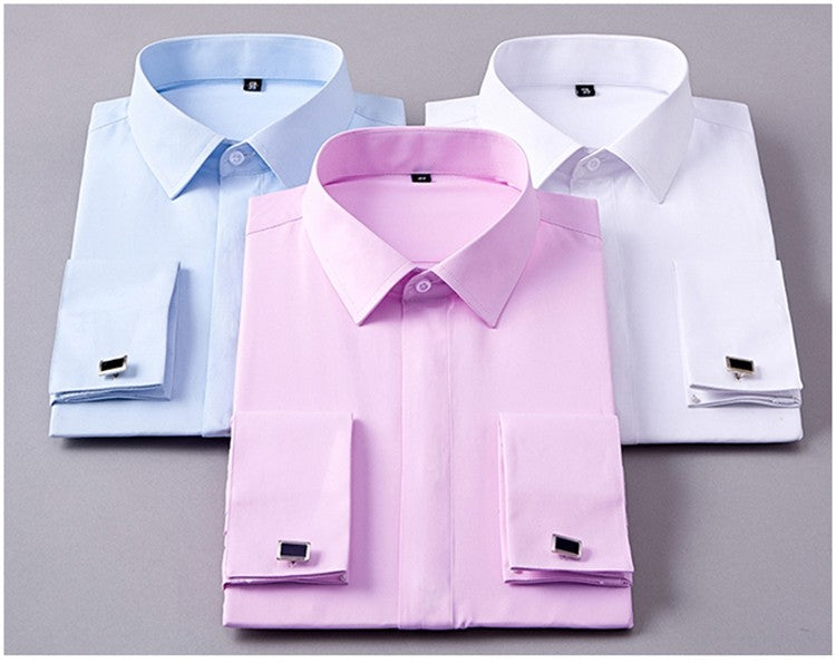 Men's Classic French Cuff Dress Shirt Covered Placket Long Sleeve Tuxedo Male Shirts with Cufflinks No Pocket Office Work White