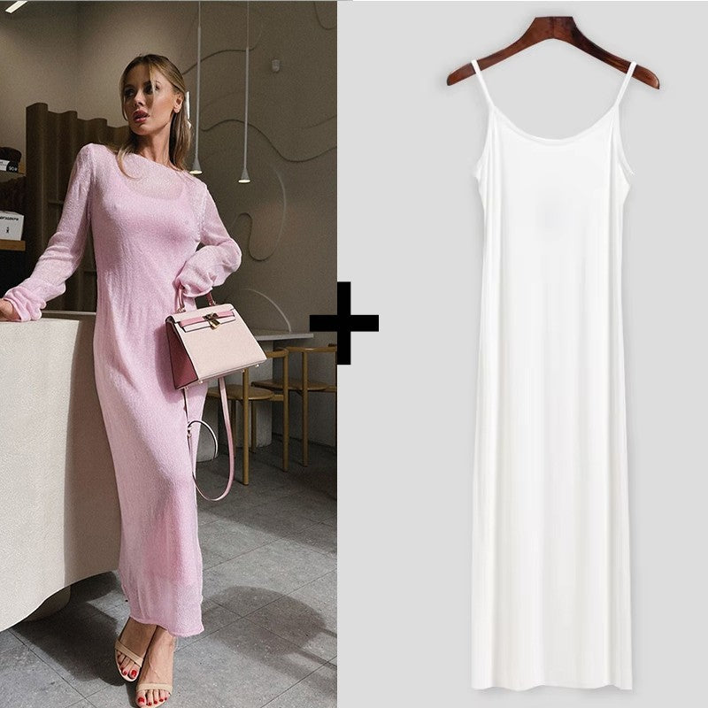 Hirsionsan Spring Autumn O-Neck Elastic Knit Long Dresses Women 2024 Elegant Chi
