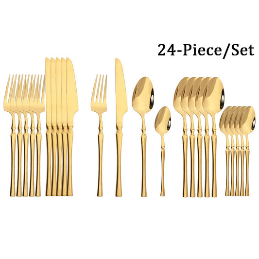 JANKNG 24Pcs White Gold Tableware Set Stainless Steel Dinnerware Spoon Fork Knife Cutlery Kitchen Food Flatware Silverware Set