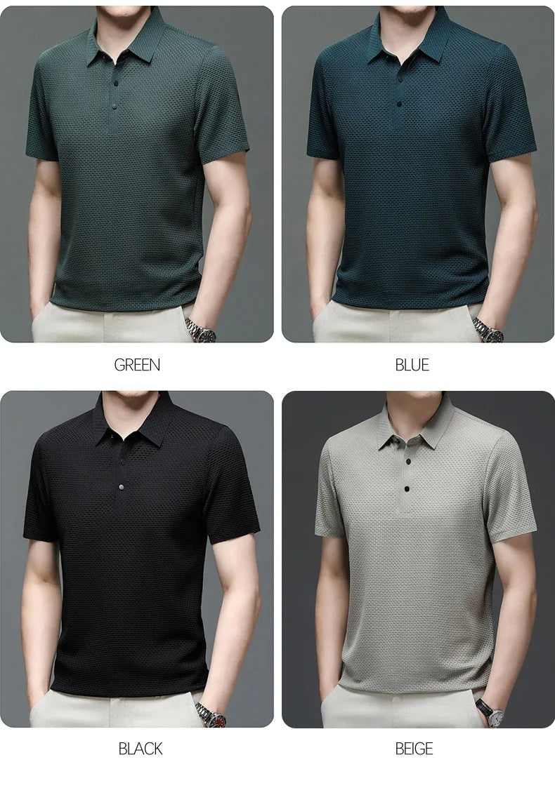 Summer New Men's Lop-up Hollow Short-sleeved Polo Tee Shirt Ice Silk Breathable Business Fashion T-Shirt Male Brand Clothes