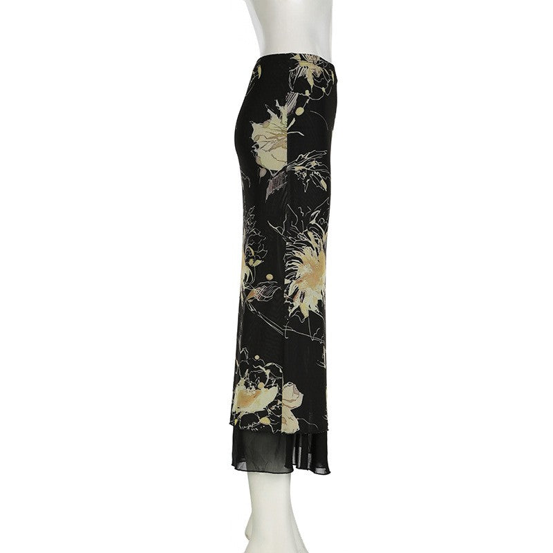 Goth Dark Y2K Aestheics Double Layer Mesh A-line Skirt Women Fashion Florals Pri