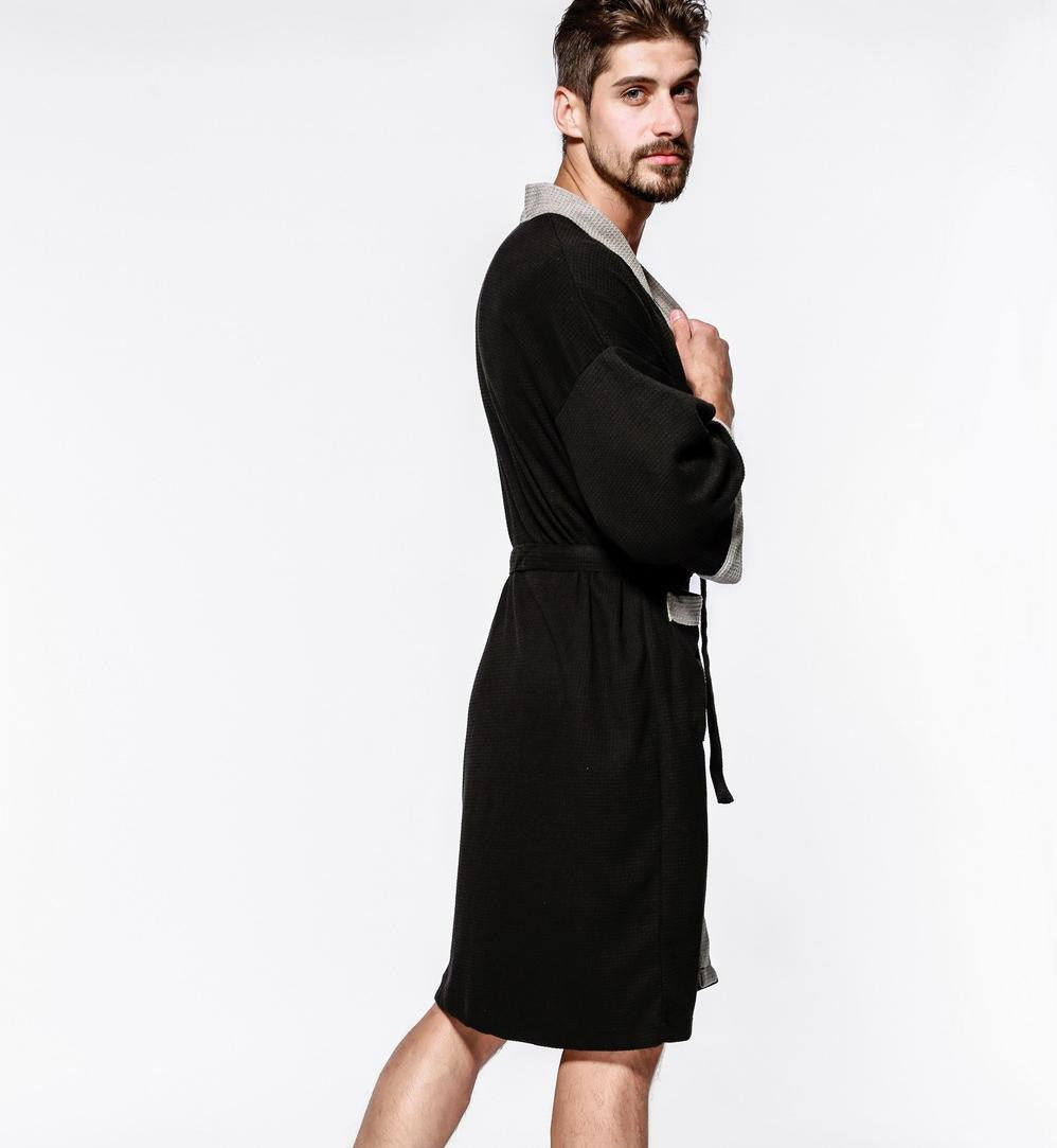 Cotton Waffle Men Kimono Bathrobe Gown Sleepwear Couple Black Robe Nightwear Loose Casual Sauna Yukata Spring Summer Home Wear