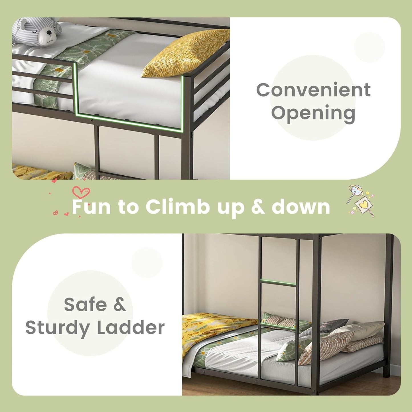 Metal Bunk Bed Twin Over Twin, Low Profile Bunk Bed Frame with Ladder & Full Length Guardrail, Space-Saving Twin Size Be