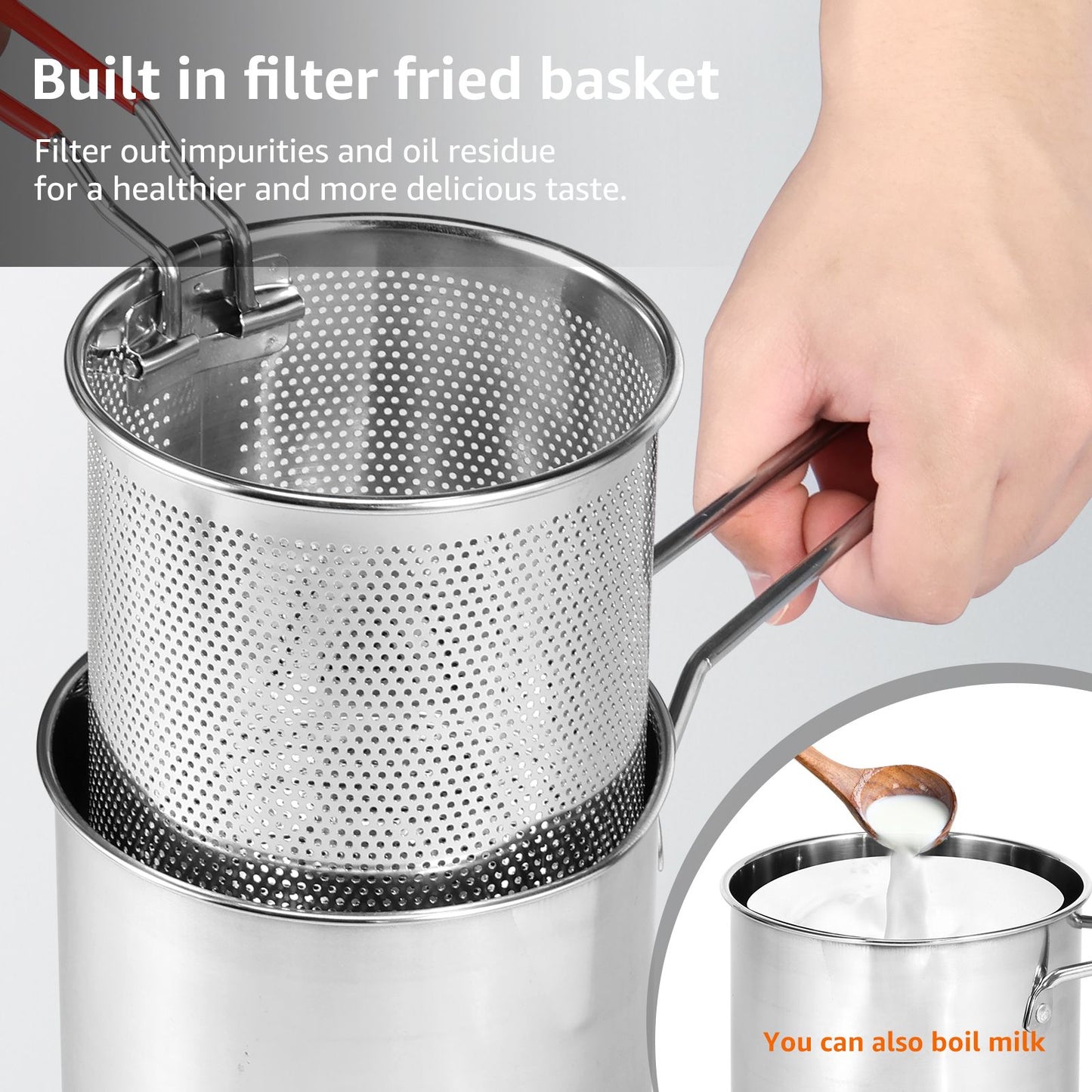 Deep Fryer with Strainer Basket and Handle Stainless Steel Fry Pot Food Grade Outdoor Fryer with Lid Portable Food Cooking Pot