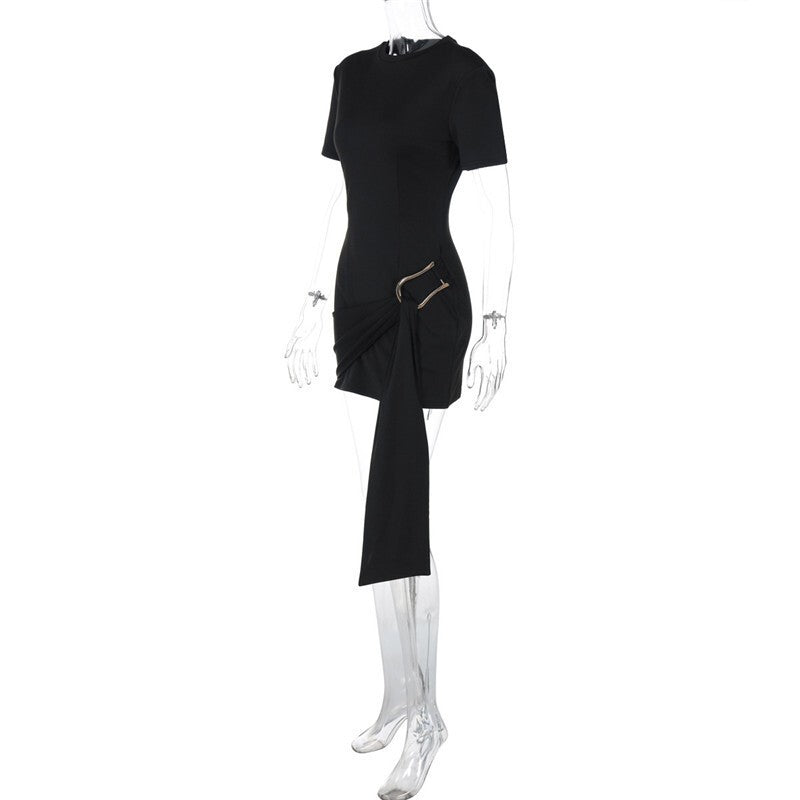 Mozision Short Sleeve Draped Sexy Mini Dress For Women Black Metal Buckle O Neck