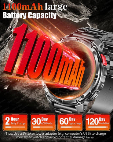 Novo Smartwatch Masculino Ultra Durável para Uso Externo, Frequência Cardíaca, Chamada Bluetooth, 5ATM à Prova D'água, Relógio Inteligente Esportivo, Bateria de 1100mAh, Mostrador Personalizado