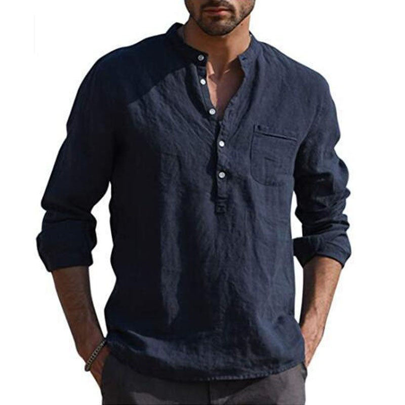 Casual Cotton Shirt Long Sleeves Crew Neck Men's Summer Simple Plain Blouse Button Down Tops Plus Size