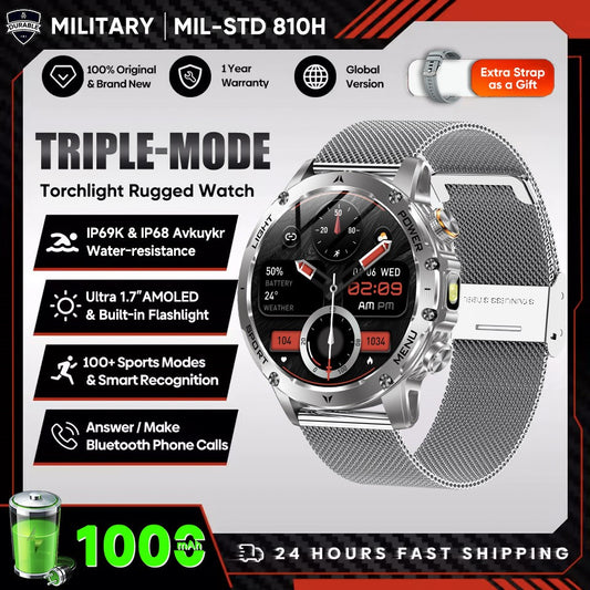 New Outdoor Sports Smart Watch 1.7" HD AMOLDE Screen 1000mAh Battery LED Flashlight IP68 Waterproof BT Call Military Smartwatch