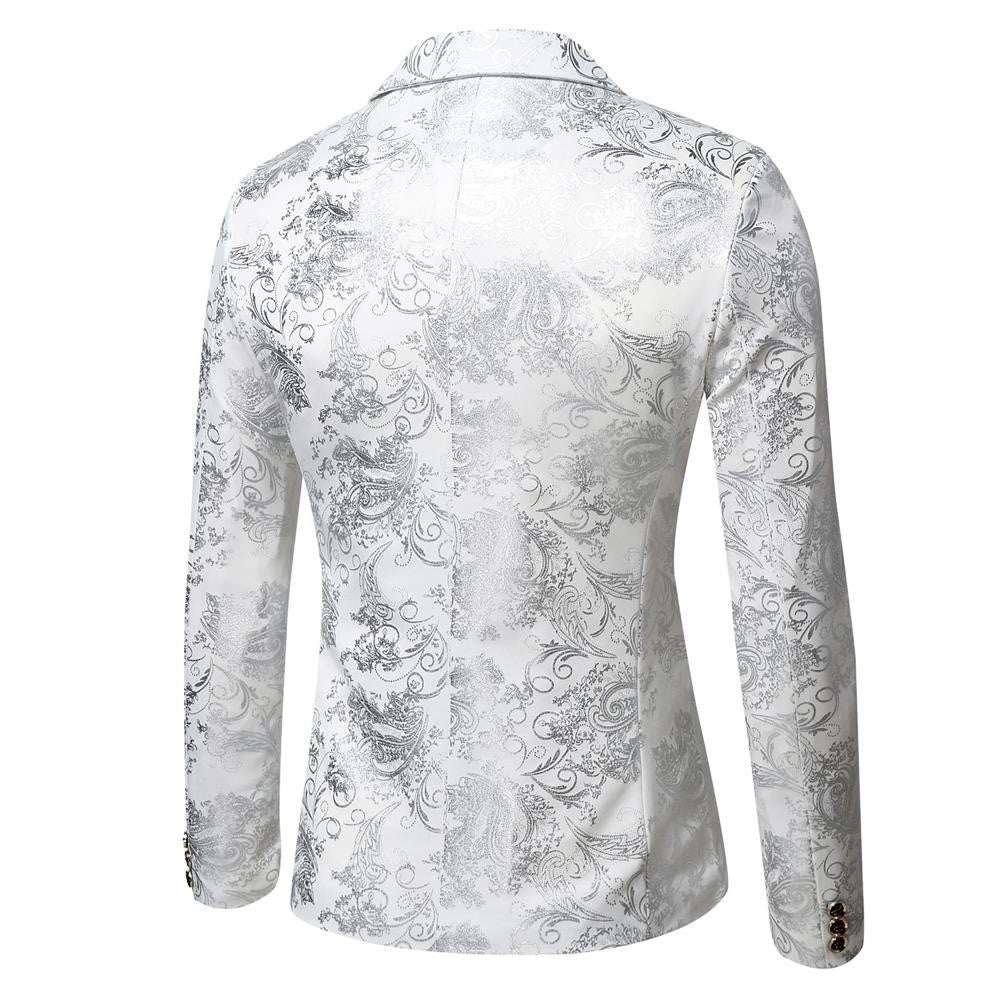 Men's Slim Fit Print Blazer Jacket 2025 Fashion Handsome Business Casual Silver Stage Show Suit Small Menswear