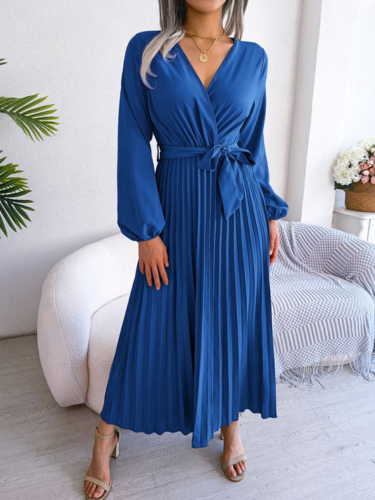 Vestido longo plissado feminino elegante com decote em V e manga comprida