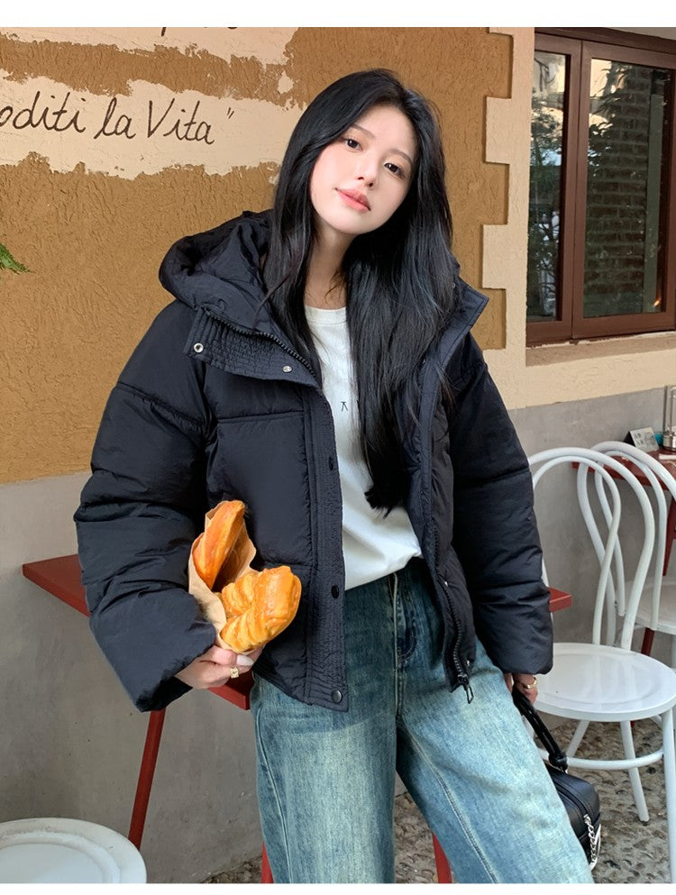 Korean Winter Women Black Beige Hood Zipper Down Jacket Ladies Blue Single Breasted Short Warm Thick Bread Coat Streetwear Trend