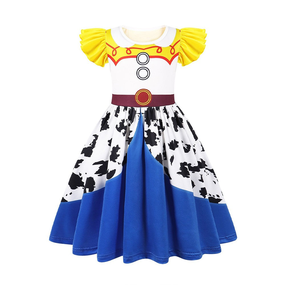 New Western-Style Dress Cartoon Movie Cosplay Dress Milk Silk 3D Digital Print Ruffled Puff Sleeves Summer Halloween Party Set