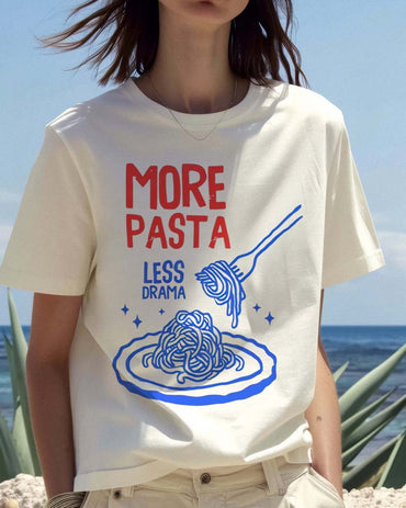 More Pasta Less Drama Women's T-Shirt Printed Pattern Round Neck Summer New Seaside Vacation Travel Basic White Top T-Shirt