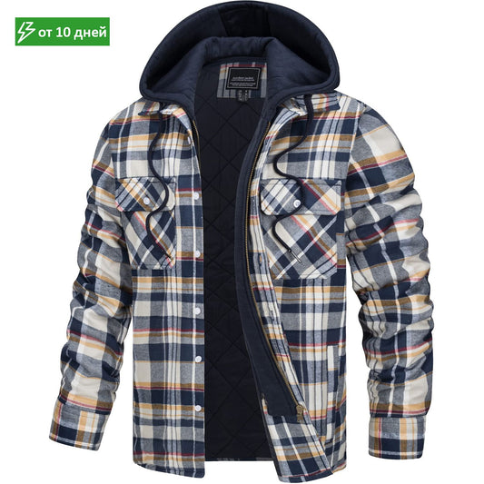 MAGCOMSEN Men's Flannel Jacket with Removable Hood 5 Pockets Plaid Quilted Lined Winter Coats Thick Hoodie Outwear Fleece Jacket