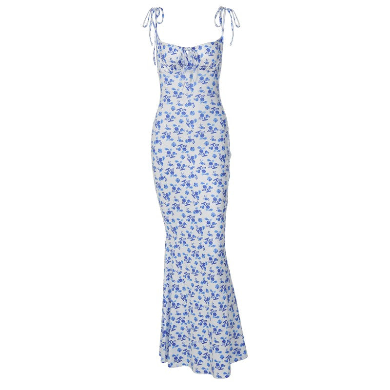 Hugcitar Floral Print Sleeveless Backless Slips Lace Up Maxi Dress Sexy Bodycon