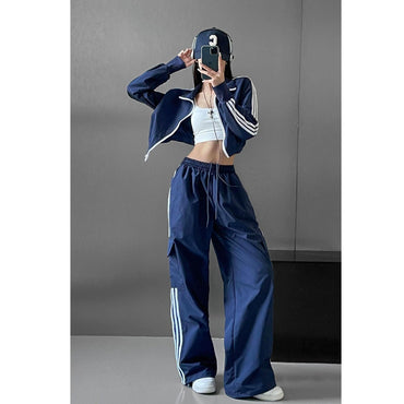 Women Casual Baggy Stripe Cargo Pants Solid Low Waist Joggers Pants Drawstring Wide Leg Baggy Trousers Y2K Streetwear Sweatpants