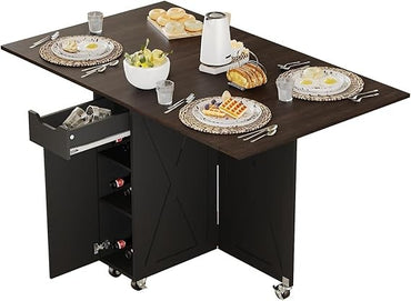 Folding Dining Table with 6 Wheels, Drop Leaf Tables for Small Spaces, Foldable Dining Table with 2-Layer Storage Rack, Kitchen
