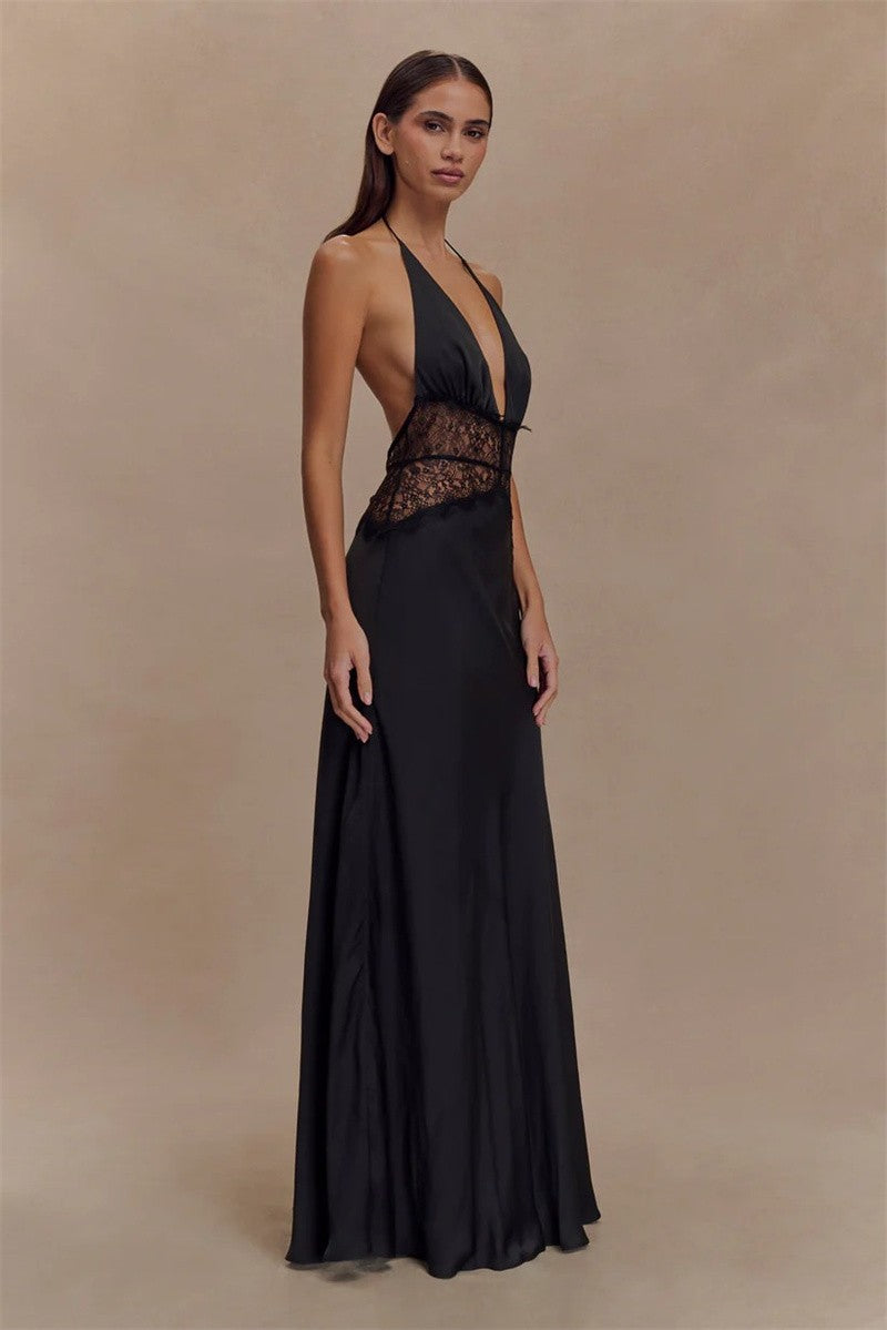 Mozision Summer Backless Sexy Maxi Dress Women Gown Patchwork Lace Halter Deep V