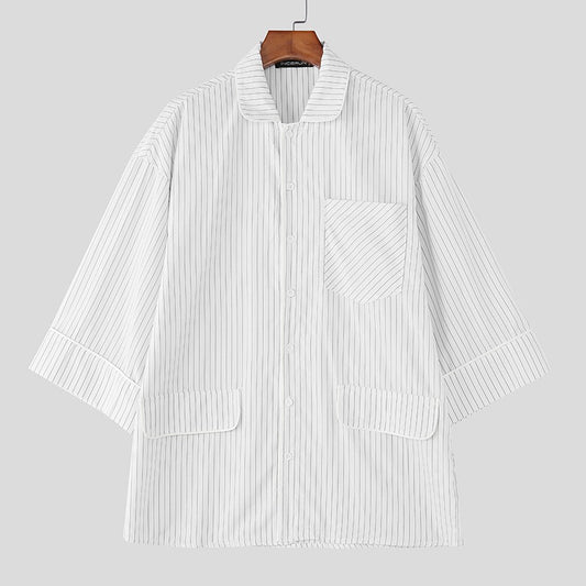 INCERUN Men Striped Shirt Lapel 3/4 Sleeve Oversize Casual Men Clothing Streetwear Korean Style Loose Fashion Tops Male Shirts