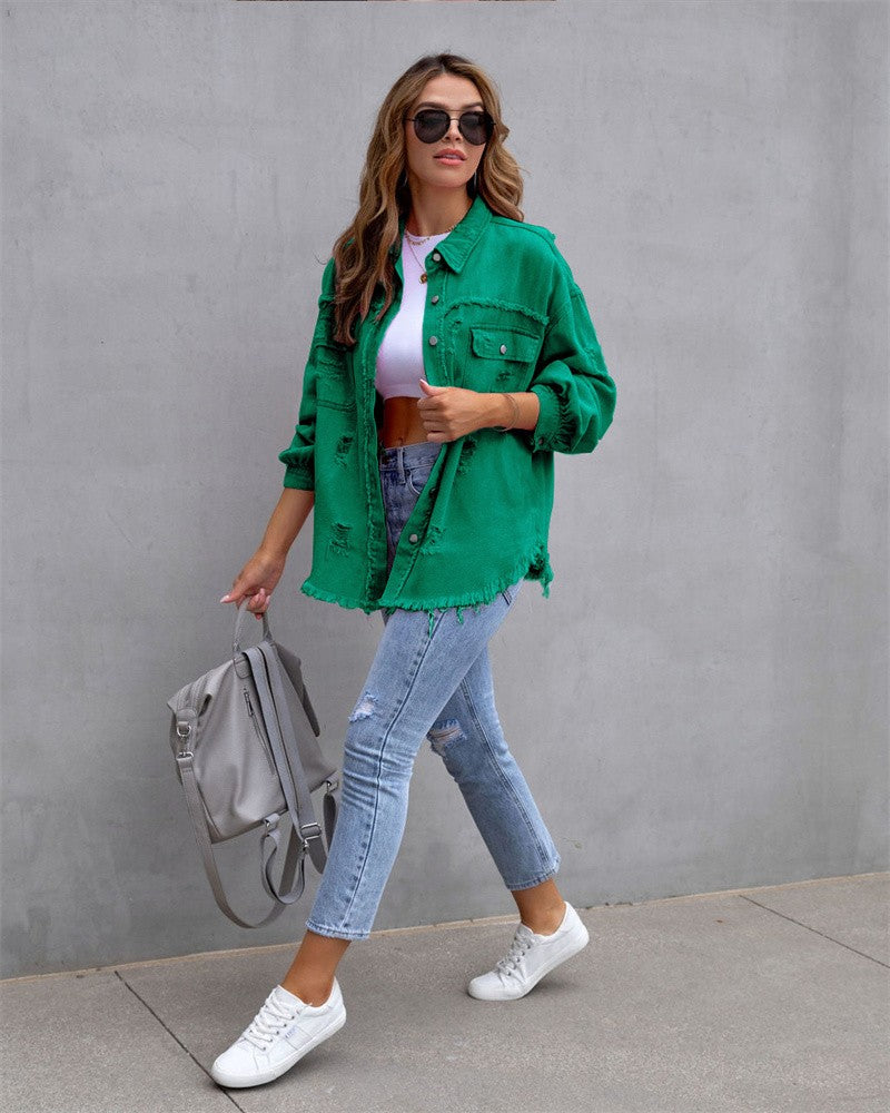 2025 Holes Raw-edges Denim Jacket Women Spring Autumn Shirt Style Jeancoat Casual Top Rose-Red Orange Purple Outerwear Lady Coat