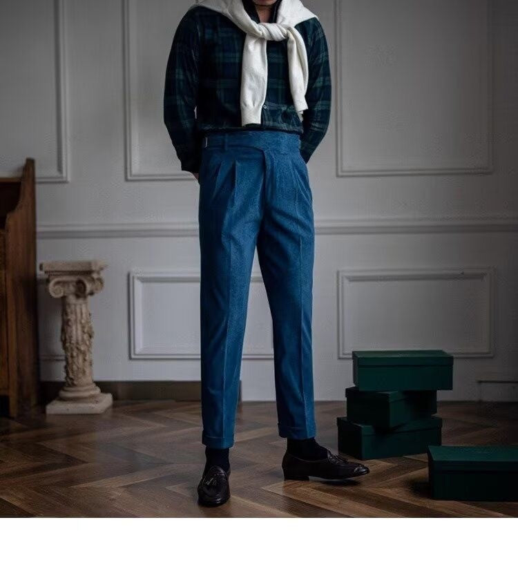 Italian Style Corduroy Naples Suit Pants Men High-waisted Adjustable Belt Straight Trousers Autumn England Business Casual Pant