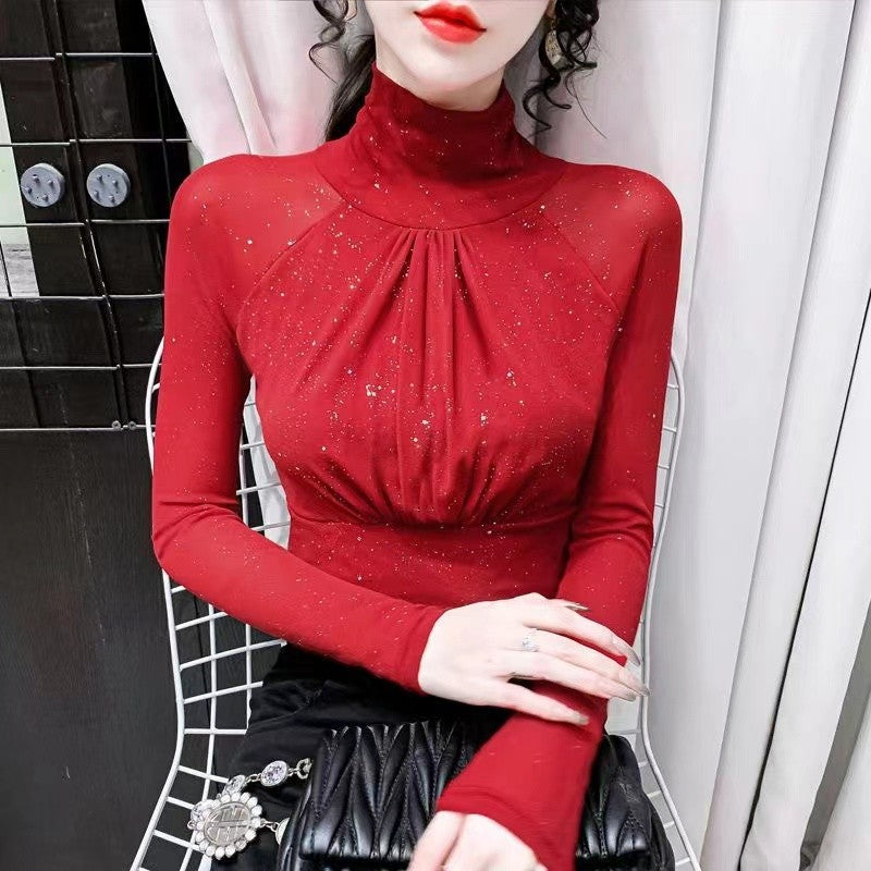 Korean fashion Women Mesh top High neck Sexy Black bottoming t shirt Casual Bright silk Lady shirt Blusa