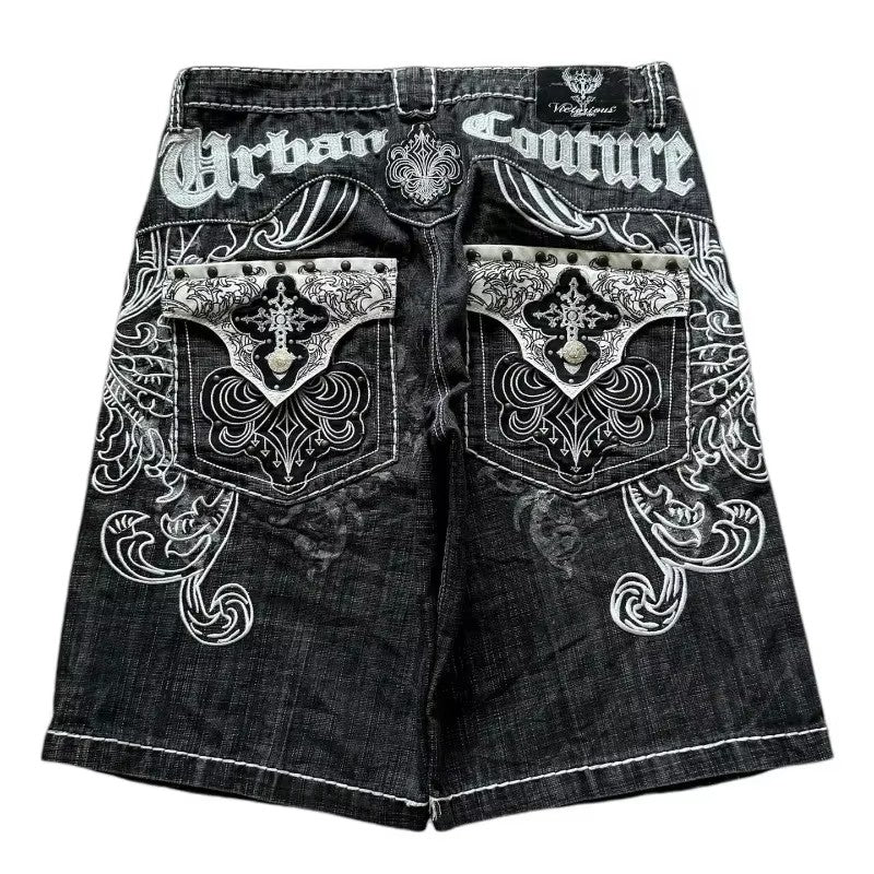 American Fashion Hip Hop Embroidered Denim Shorts Men Street Y2K New Casual Vintage Loose Jeans Unisex Harajuku Punk Rock Shorts