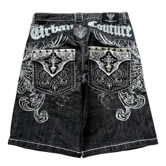 American Fashion Hip Hop Embroidered Denim Shorts Men Street Y2K New Casual Vintage Loose Jeans Unisex Harajuku Punk Rock Shorts